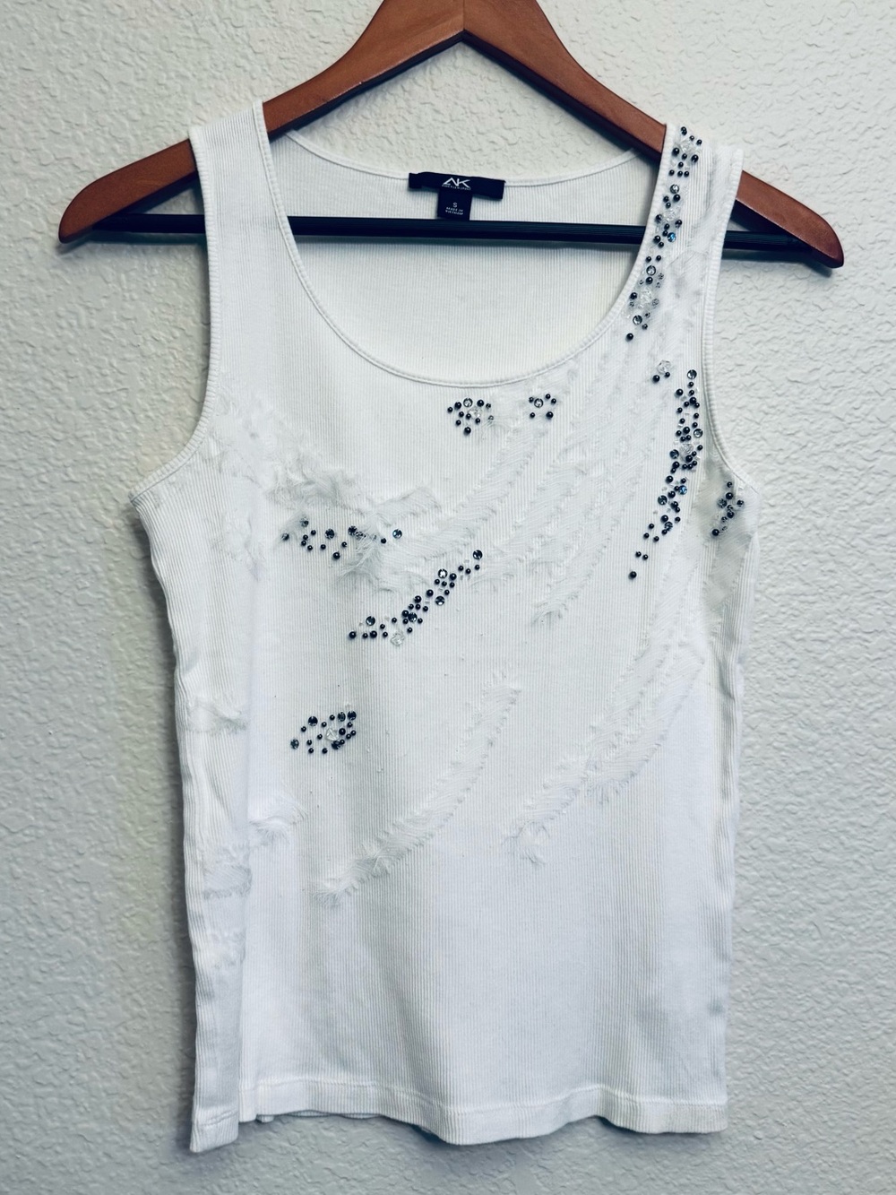 Ann Klein Beaded Embellished Boho White Ribbed Tank Top S